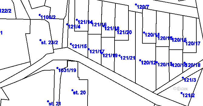 Parcela st. 121/19 v KÚ Kořenec, Katastrální mapa