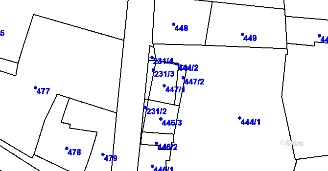 Parcela st. 447/1 v KÚ Kosmonosy, Katastrální mapa