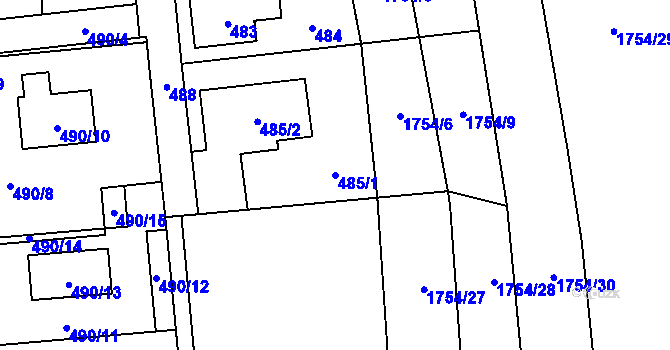 Parcela st. 485/1 v KÚ Kosmonosy, Katastrální mapa