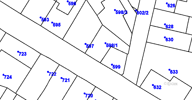 Parcela st. 598/1 v KÚ Kosmonosy, Katastrální mapa