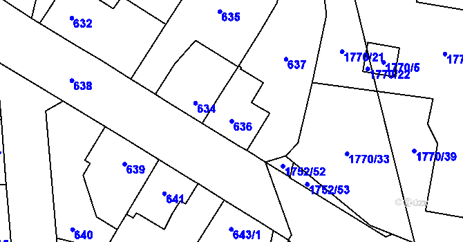 Parcela st. 636 v KÚ Kosmonosy, Katastrální mapa