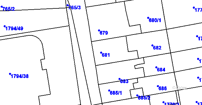 Parcela st. 681 v KÚ Kosmonosy, Katastrální mapa