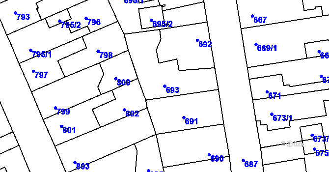 Parcela st. 693 v KÚ Kosmonosy, Katastrální mapa