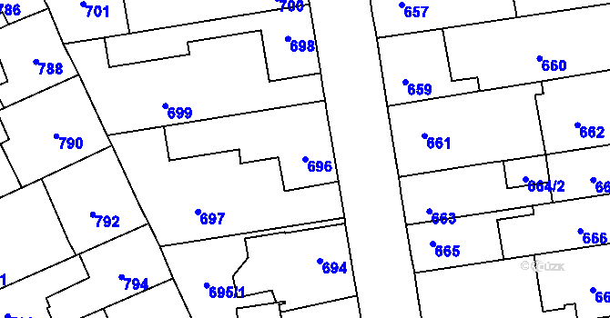 Parcela st. 696 v KÚ Kosmonosy, Katastrální mapa