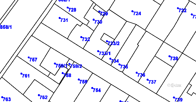 Parcela st. 733/1 v KÚ Kosmonosy, Katastrální mapa