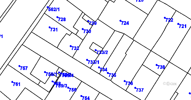 Parcela st. 733/2 v KÚ Kosmonosy, Katastrální mapa