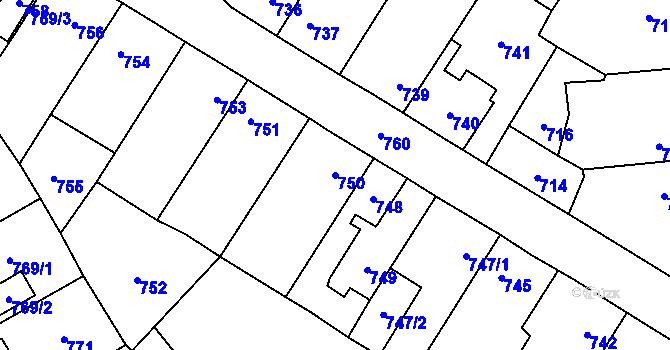 Parcela st. 750 v KÚ Kosmonosy, Katastrální mapa