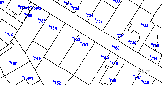 Parcela st. 751 v KÚ Kosmonosy, Katastrální mapa