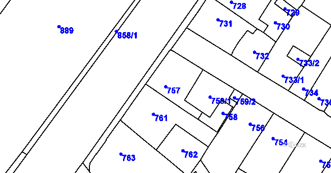 Parcela st. 757 v KÚ Kosmonosy, Katastrální mapa
