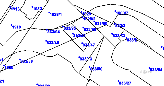 Parcela st. 833/47 v KÚ Kosmonosy, Katastrální mapa