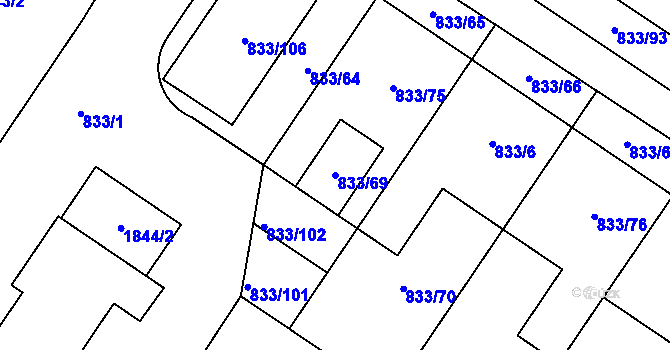 Parcela st. 833/69 v KÚ Kosmonosy, Katastrální mapa