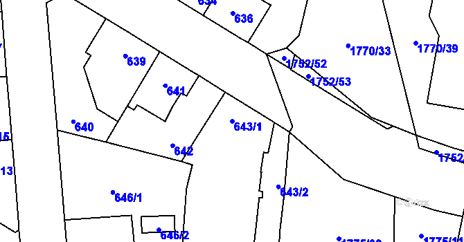 Parcela st. 643/1 v KÚ Kosmonosy, Katastrální mapa