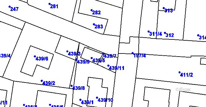 Parcela st. 439/7 v KÚ Kosmonosy, Katastrální mapa