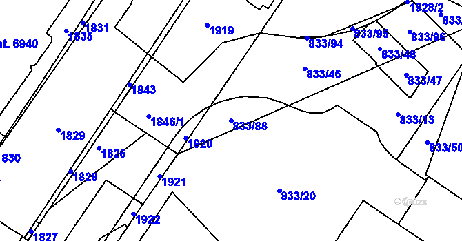 Parcela st. 833/88 v KÚ Kosmonosy, Katastrální mapa