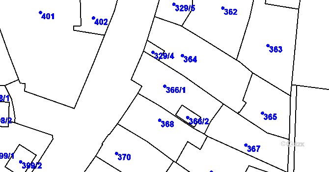 Parcela st. 366/1 v KÚ Kosmonosy, Katastrální mapa