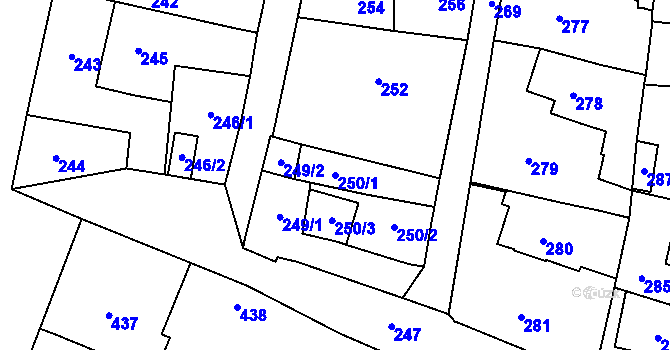 Parcela st. 250/1 v KÚ Kosmonosy, Katastrální mapa