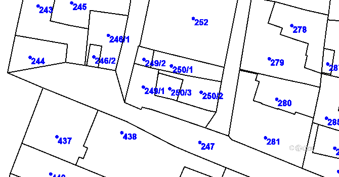 Parcela st. 250/3 v KÚ Kosmonosy, Katastrální mapa