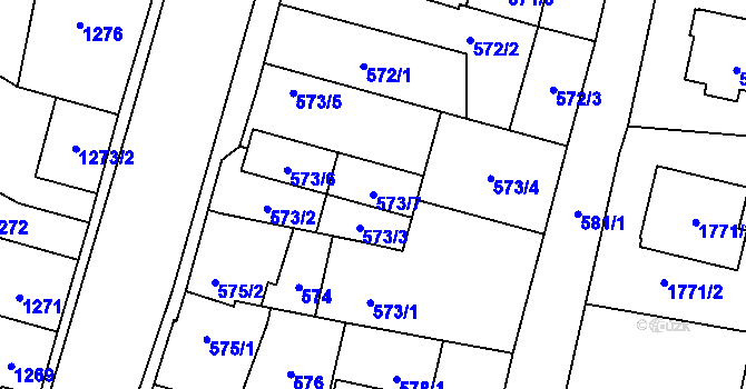 Parcela st. 573/7 v KÚ Kosmonosy, Katastrální mapa
