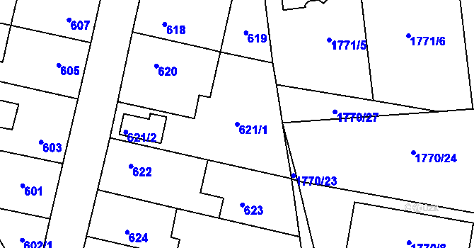 Parcela st. 621/1 v KÚ Kosmonosy, Katastrální mapa