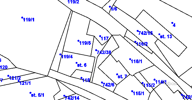 Parcela st. 742/38 v KÚ Kosov, Katastrální mapa