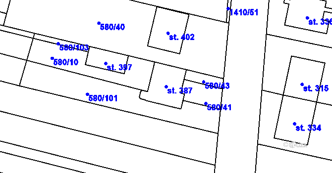 Parcela st. 387 v KÚ Kostelany nad Moravou, Katastrální mapa