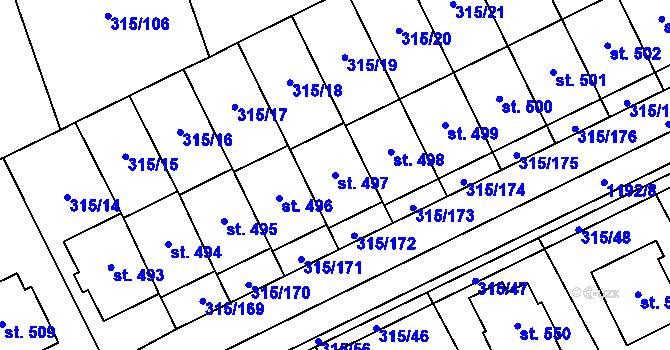 Parcela st. 497 v KÚ Kostelec u Zlína, Katastrální mapa