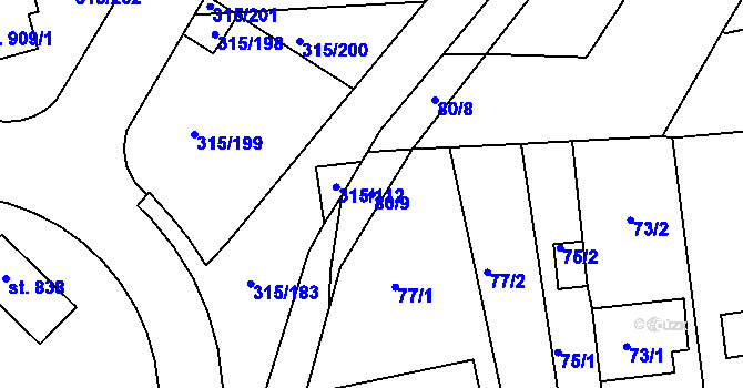 Parcela st. 80/9 v KÚ Štípa, Katastrální mapa