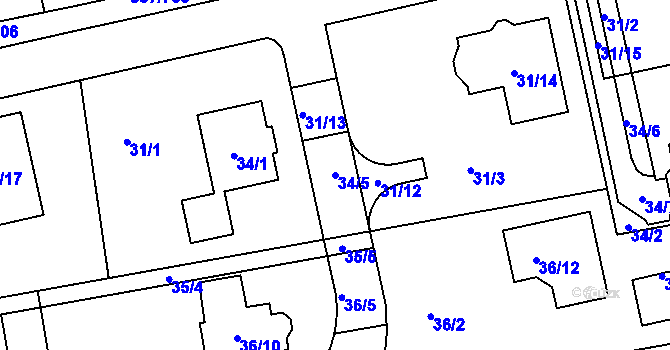 Parcela st. 34/5 v KÚ Štípa, Katastrální mapa