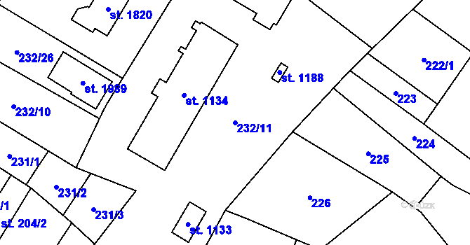 Parcela st. 232/11 v KÚ Kostelec nad Labem, Katastrální mapa