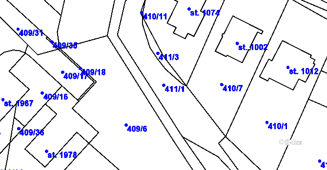 Parcela st. 411/1 v KÚ Kostelec nad Labem, Katastrální mapa