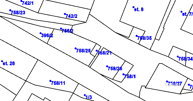 Parcela st. 758/21 v KÚ Prostřední Vydří, Katastrální mapa