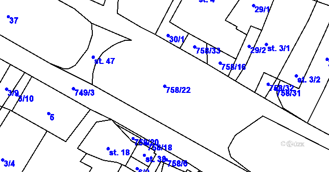Parcela st. 758/22 v KÚ Prostřední Vydří, Katastrální mapa