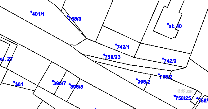 Parcela st. 758/23 v KÚ Prostřední Vydří, Katastrální mapa
