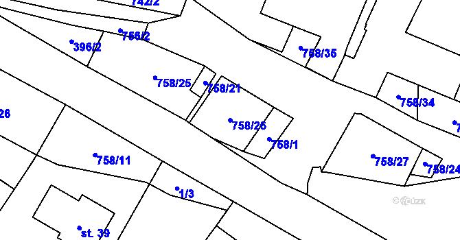 Parcela st. 758/26 v KÚ Prostřední Vydří, Katastrální mapa