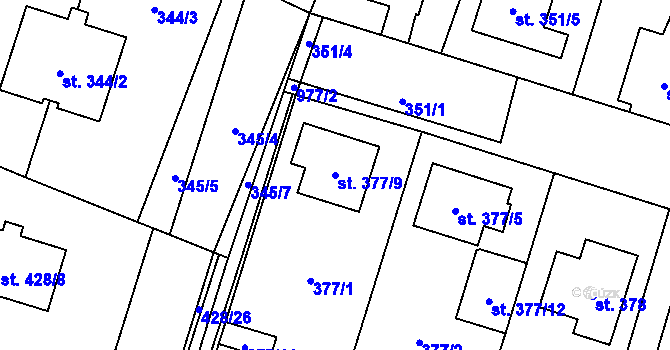 Parcela st. 377/9 v KÚ Kostomlaty nad Labem, Katastrální mapa