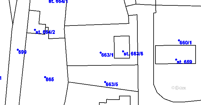 Parcela st. 663/1 v KÚ Kostomlaty nad Labem, Katastrální mapa