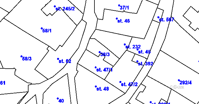 Parcela st. 38/3 v KÚ Kostomlaty pod Milešovkou, Katastrální mapa