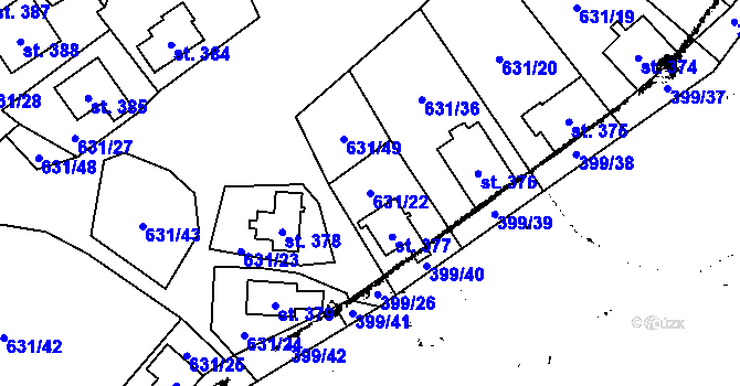 Parcela st. 631/22 v KÚ Kostomlaty pod Milešovkou, Katastrální mapa