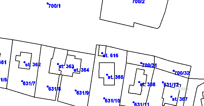 Parcela st. 616 v KÚ Kostomlaty pod Milešovkou, Katastrální mapa
