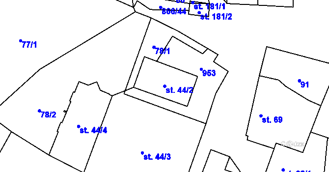 Parcela st. 44/2 v KÚ Kostomlaty pod Řípem, Katastrální mapa