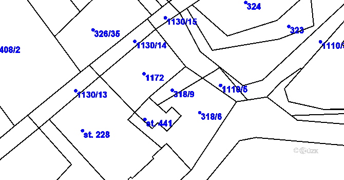 Parcela st. 318/9 v KÚ Košařiska, Katastrální mapa