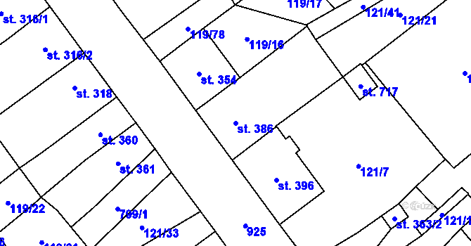 Parcela st. 386 v KÚ Košťany, Katastrální mapa