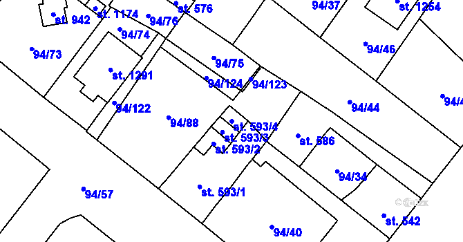 Parcela st. 593/4 v KÚ Košťany, Katastrální mapa