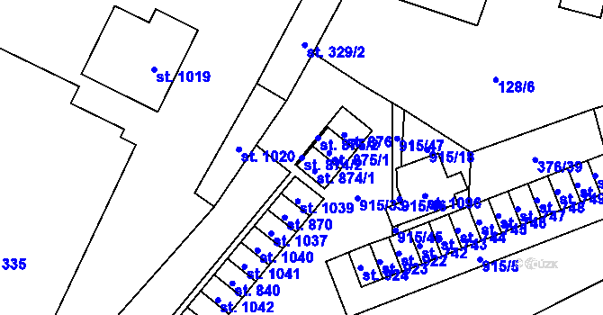 Parcela st. 874/2 v KÚ Košťany, Katastrální mapa