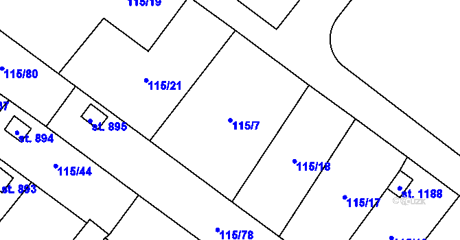Parcela st. 115/7 v KÚ Košťany, Katastrální mapa
