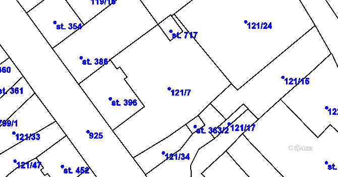 Parcela st. 121/7 v KÚ Košťany, Katastrální mapa