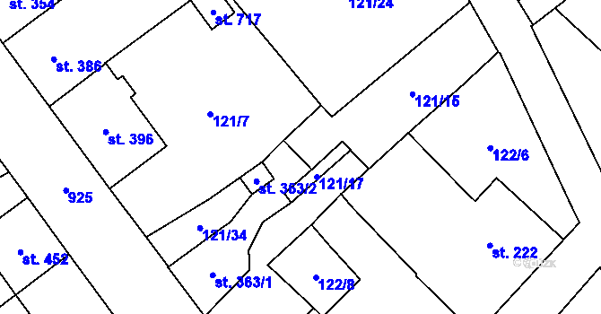 Parcela st. 121/25 v KÚ Košťany, Katastrální mapa