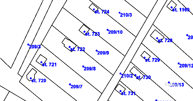 Parcela st. 209/9 v KÚ Košťany, Katastrální mapa