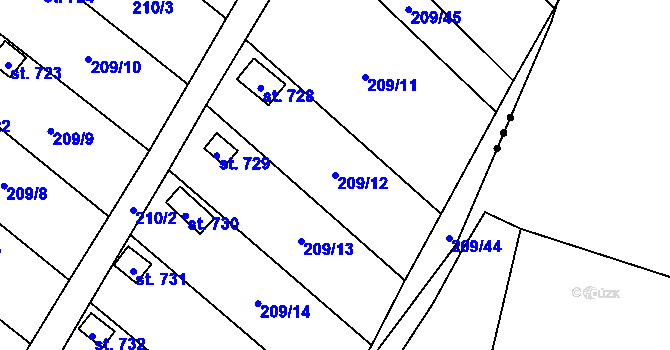 Parcela st. 209/12 v KÚ Košťany, Katastrální mapa