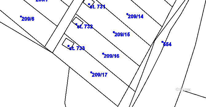Parcela st. 209/16 v KÚ Košťany, Katastrální mapa